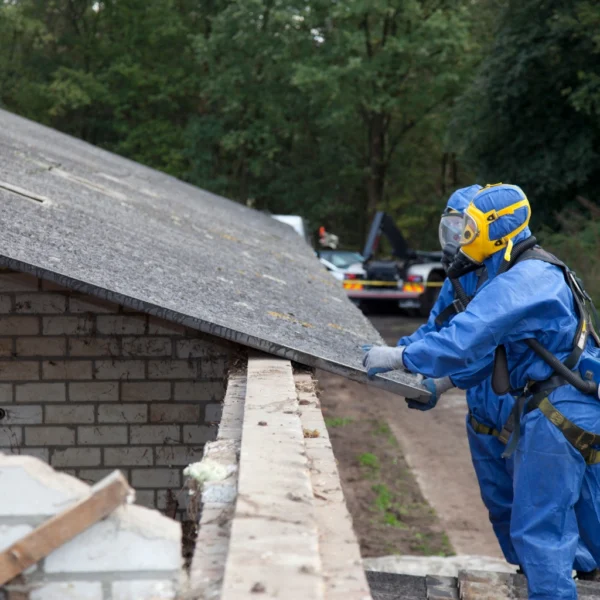 Roofing workers wearing protective gear for asbestos hazard awareness and safety training