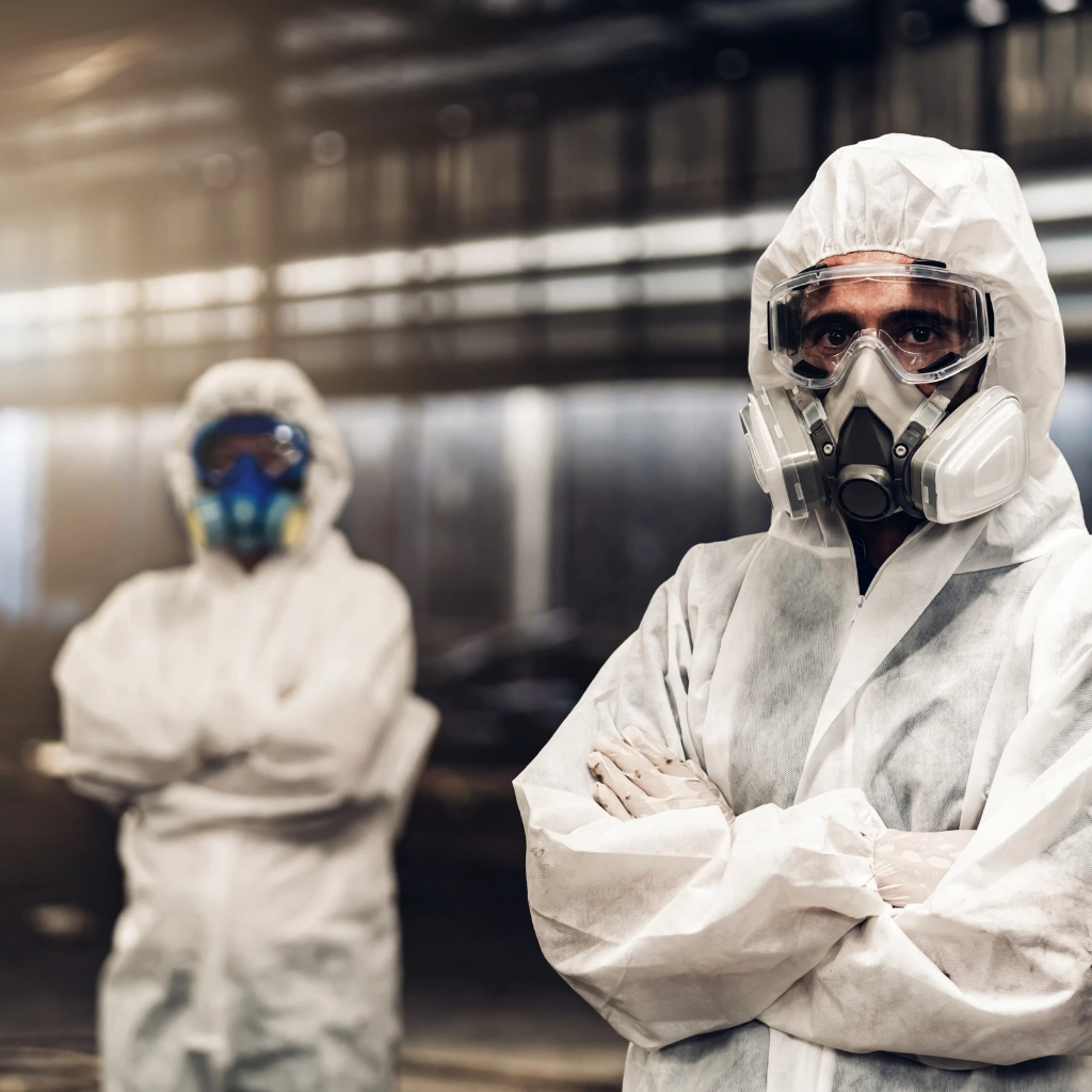 Professionals wearing PPE suits for biohazard exposure and risk management training