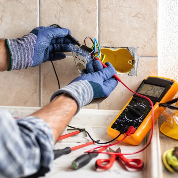 Worker handling live electrical equipment safely with protective gloves for training purposes