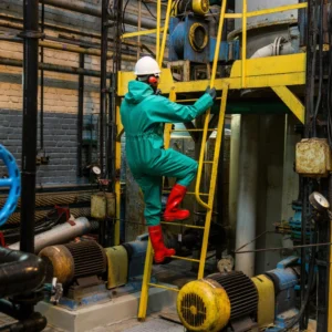 Worker climbing ladder following proper safety protocols and regulatory standards