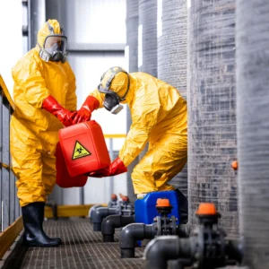 Workers participating in chemical safety training to handle hazardous materials safely in the workplace