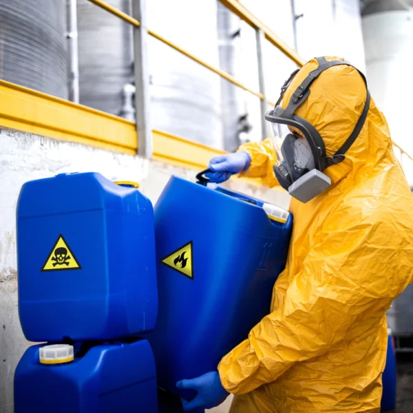 PPE-clad worker managing container labeled as dangerous goods in safety training