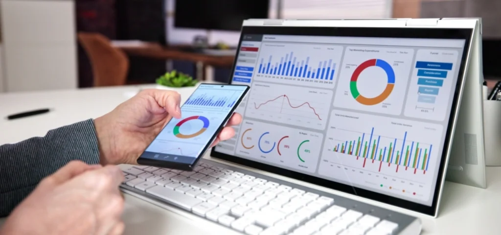 Digital safety dashboard displaying graphs and analytics for training, inspections, and incidents.