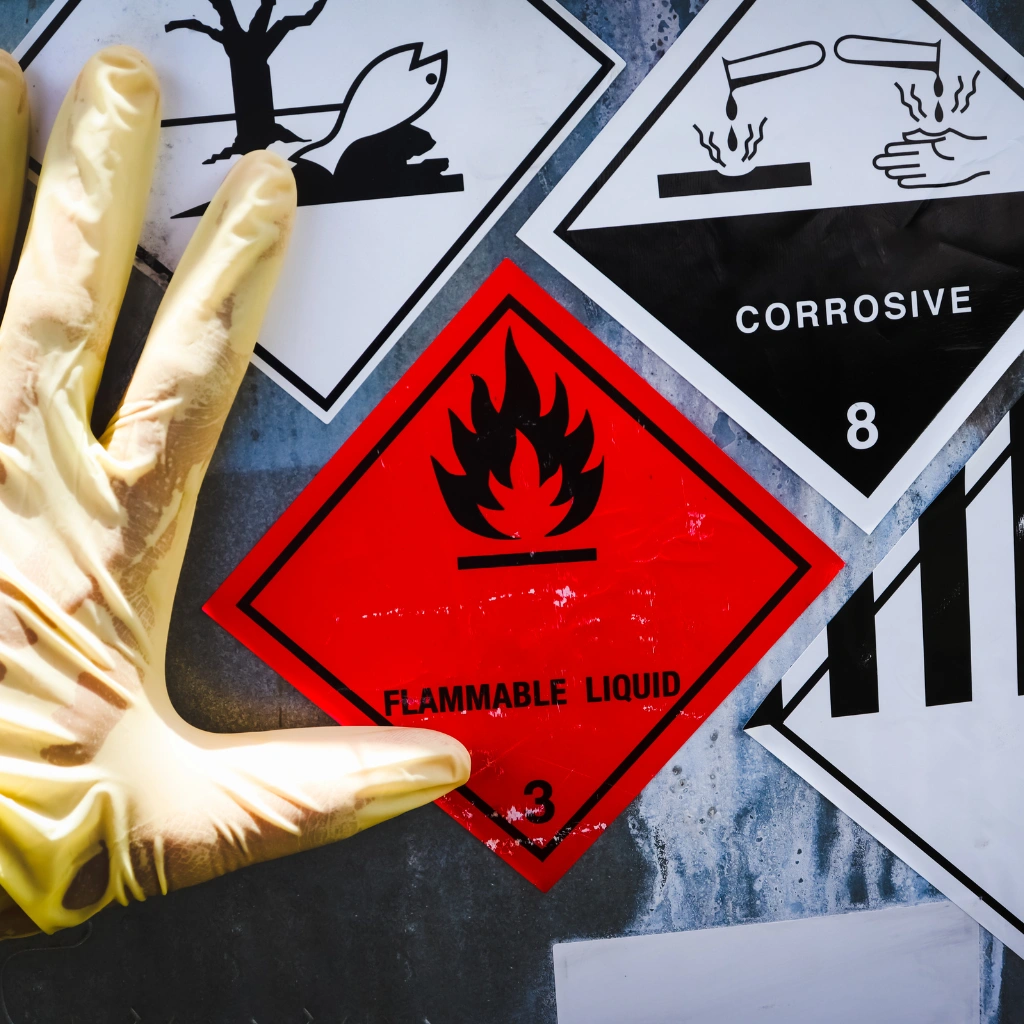 Hazard warning labels displayed on chemical containers indicating potential workplace safety risks