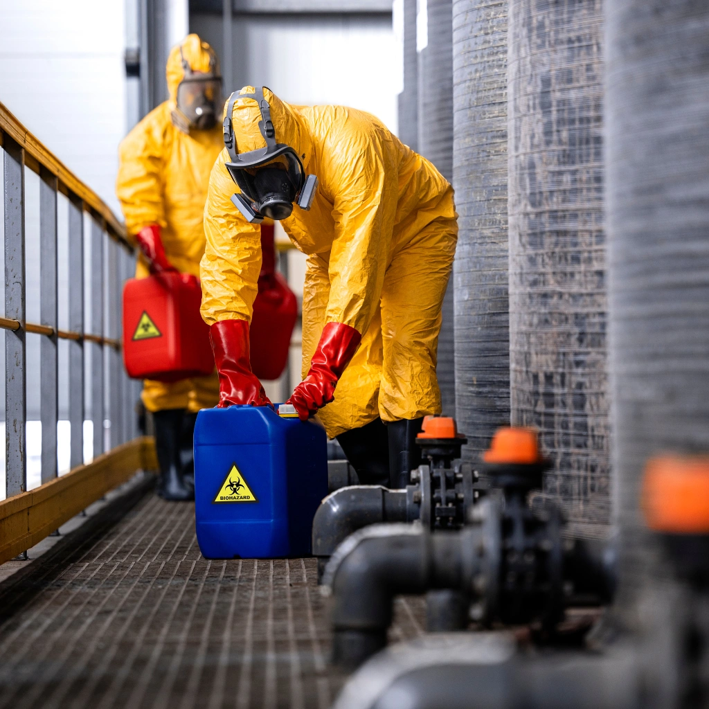 Workers handling hazardous materials safely in an industrial workplace